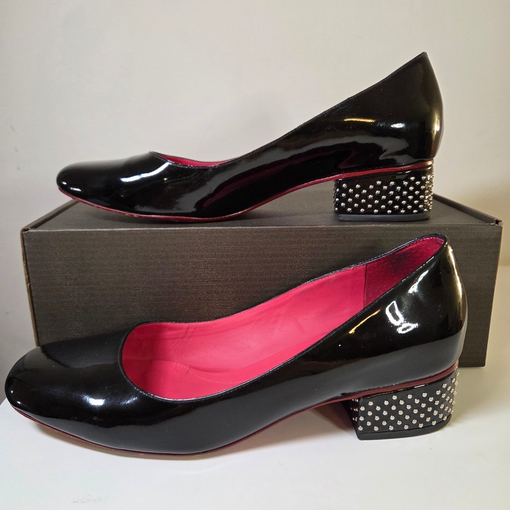 Zeferino Closet Black Patent Leather Studded Block Heel Pumps Pink Sole 39 Punk